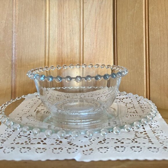 Candlewick Clear Glass Bowl & Plate Set Boopie Beaded Edge Mayo Bowl Saucer - Picture 1 of 3